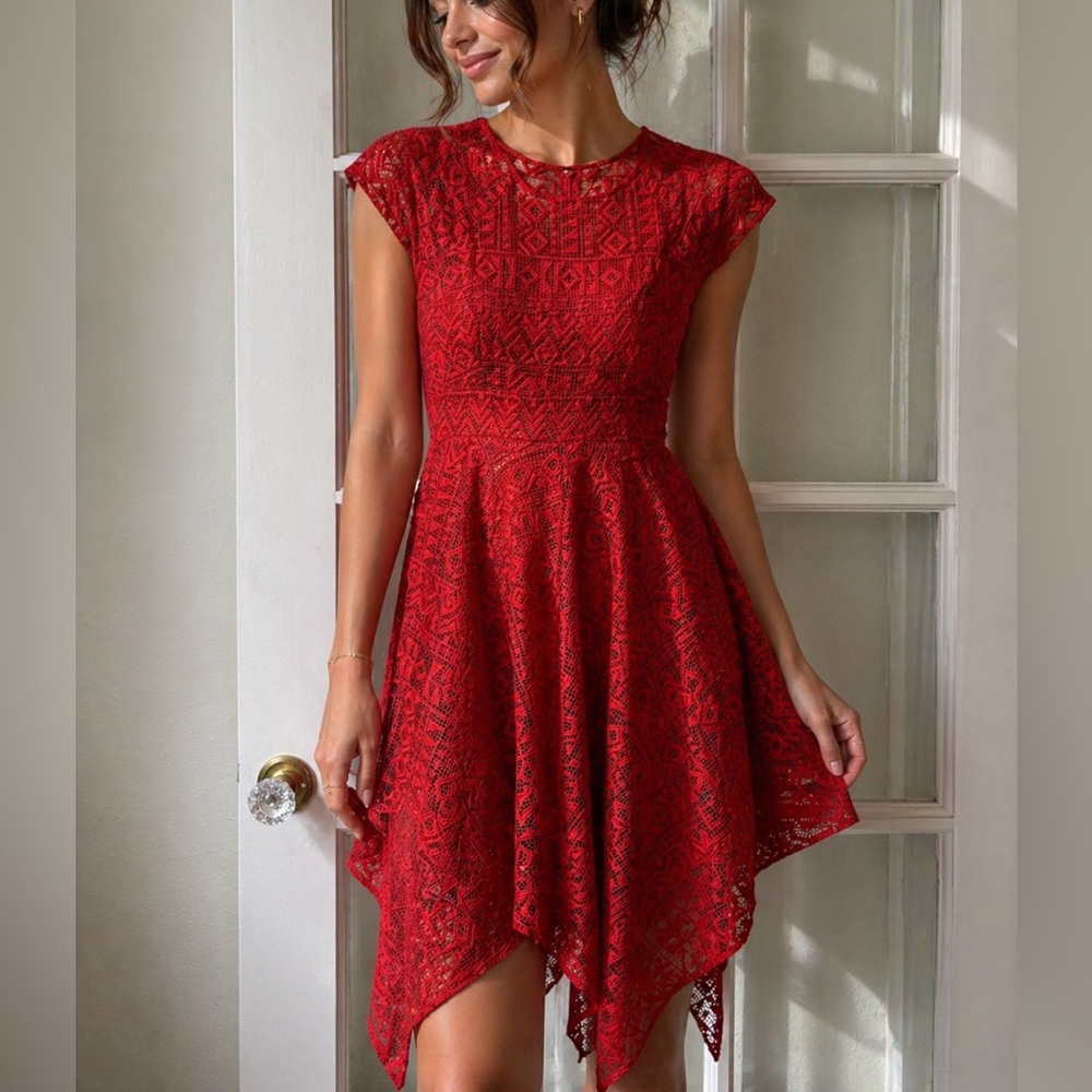 Maeve Red/Burnt Orange Lace Handkerchief Hem Dress